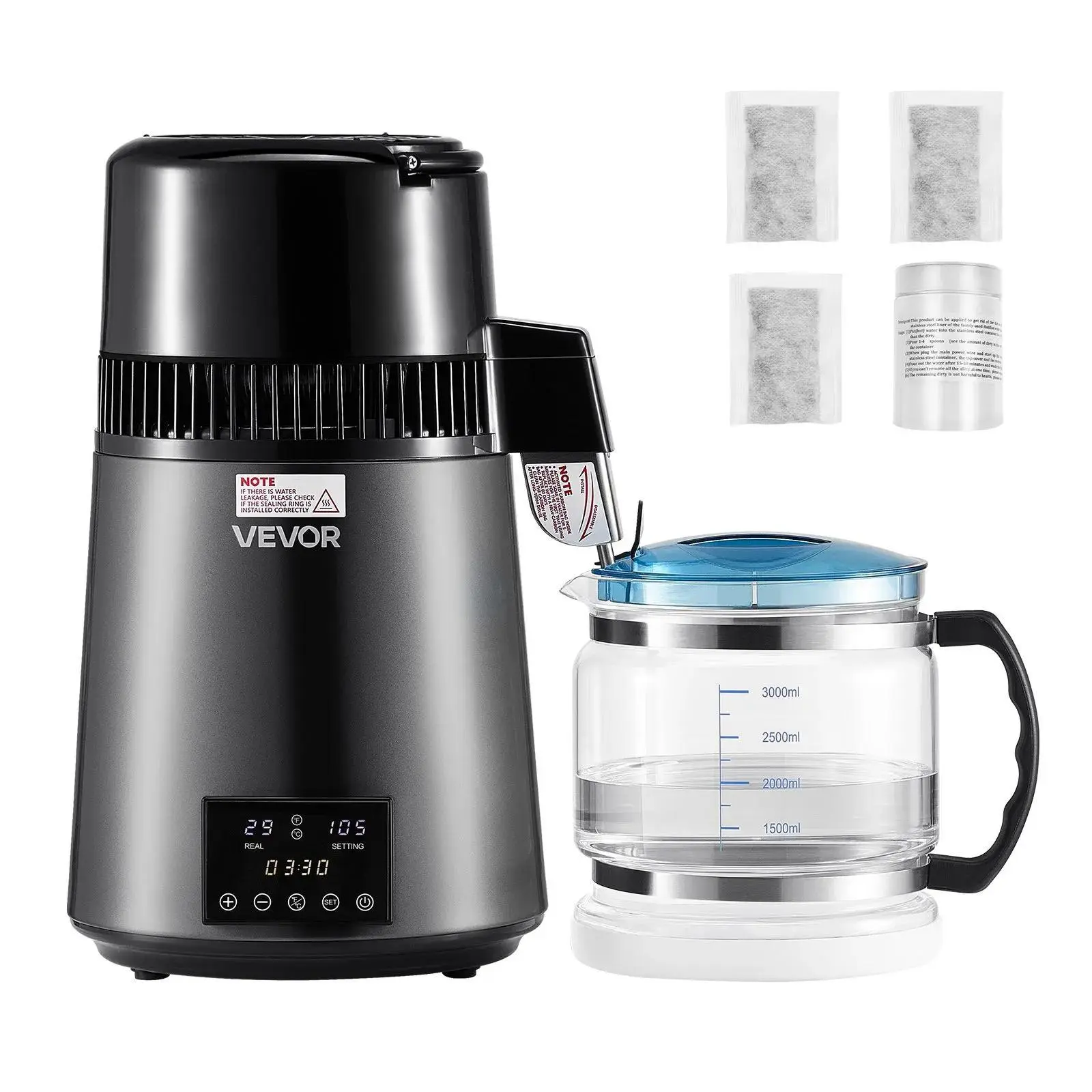【Summerfinds】VEVOR Water Distiller,  4L 1.1 Gallon Pure Water Purifier Filter For Home Table Countertop, 1750W Distilled Maker with Glass Pot, Stainless Steel Interior Drinking Machine to Make Clean Waters, Grey