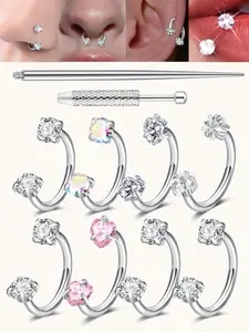 Heart Star Cz Horseshoe Nose Rings, Internal Threaded Stainless Steel 18gauge 8mm Hoops, Ideal for Nose, Cartilage, Tragus, Helix & Lip Piercings, Nose Piercing Jewelry, Body Jewellery, Body Piercings Set