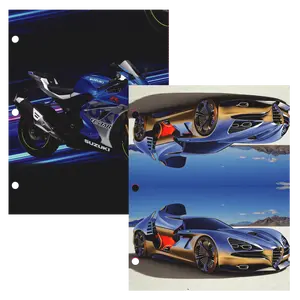 Cars & Motorcycle Themed Paper Pocket Binder Folders - Pocket Divider, 2-pocket Portfolio With Business Card Slots, Fits Standard 3-Ring Binder