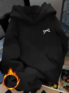 Women's Fashion Casual Simple Bow Butterfly Print Fitted Hooded Sweatshirt, Soft Comfortable Warm Lining, Long Sleeve Fall Winter Pullover Top