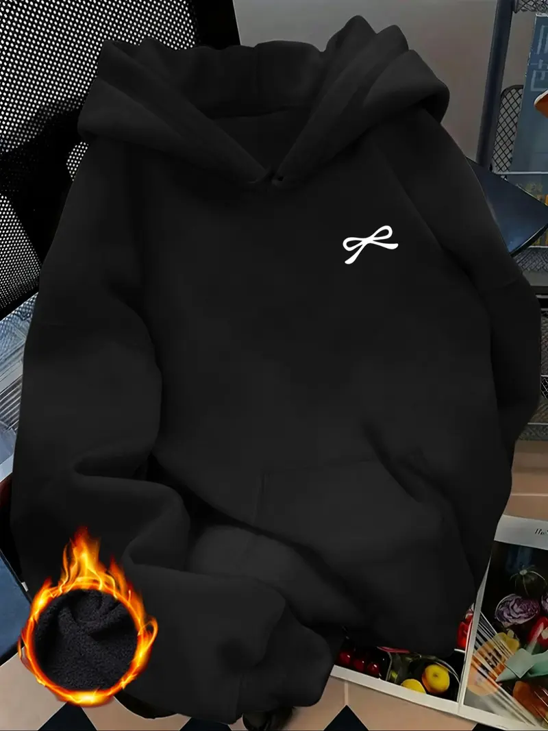 Women's Fashion Simple Bow Print Hooded Sweatshirt, Soft Comfortable Warm Lining, Long Sleeve Fall Winter Pullover Top