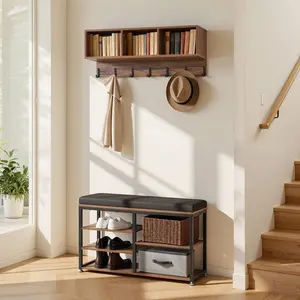 Coat Rack With Shoe Bench 3-In-1 Set With Hooks And Built-In Bookshelf, Steel Frame Hall Tree Entryway Storage Organizer For Living Room Bedroom Closet Office, Rustic Brown Durable Finish