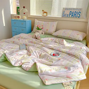 Colorful Striped Cherry Print Summer Lightweight Quilt Ultra-soft and skin-friendly air-conditioning quilt, summer cooling blanket Ideal for summer use in bedrooms, offices, beds, living rooms, and home relaxation Soft Lightweight Quilts