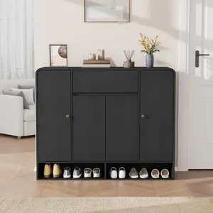 47.2 Inch Shoe Storage Cabinet with 4 Doors and 1 Drawer, Freestanding Entryway Organizer with Adjustable Shelves, Narrow Large Capacity Shoe Cabinet for Hallway Living Room, Rounded Corner Wooden Storage Cabinet