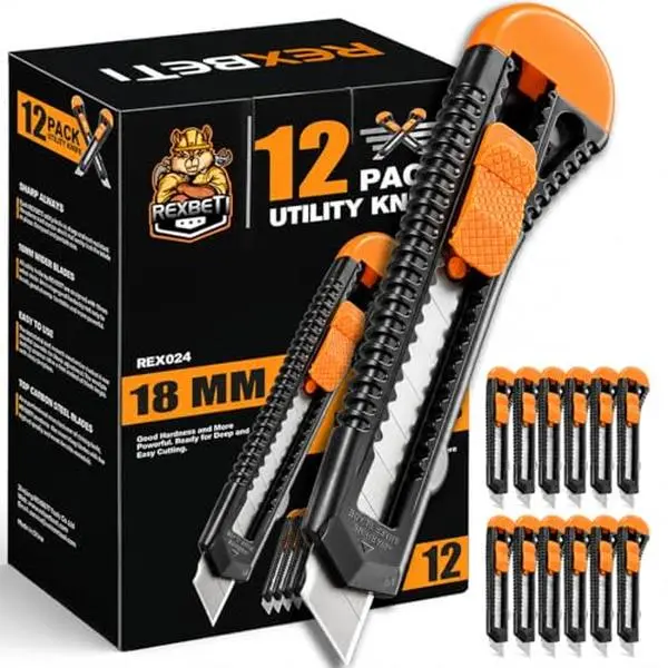 REXBETI 12-Pack Utility Knife, Retractable Box Cutter for Cartons, Cardboard and Boxes, 18mm Wider Razor Sharp Blade, Smooth Mechanism, Perfect for Office and Home use