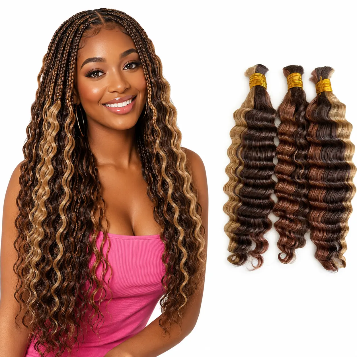 Flowerseason #4/27/30 Piano Color Deep Wave Bulk Human Hair for Braiding - 100g Curly Burmese Bundles for Boho, Knotless Braids with Dramatic Volume