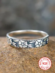 S925 Sterling Silver High Purity Material Vintage Flower Embossed Unique Embossing Ring, Unique Rings, Fashion Accessories for Women & Girls, Trendy All-match & Exquisite Jewelry for Birthday Gift
