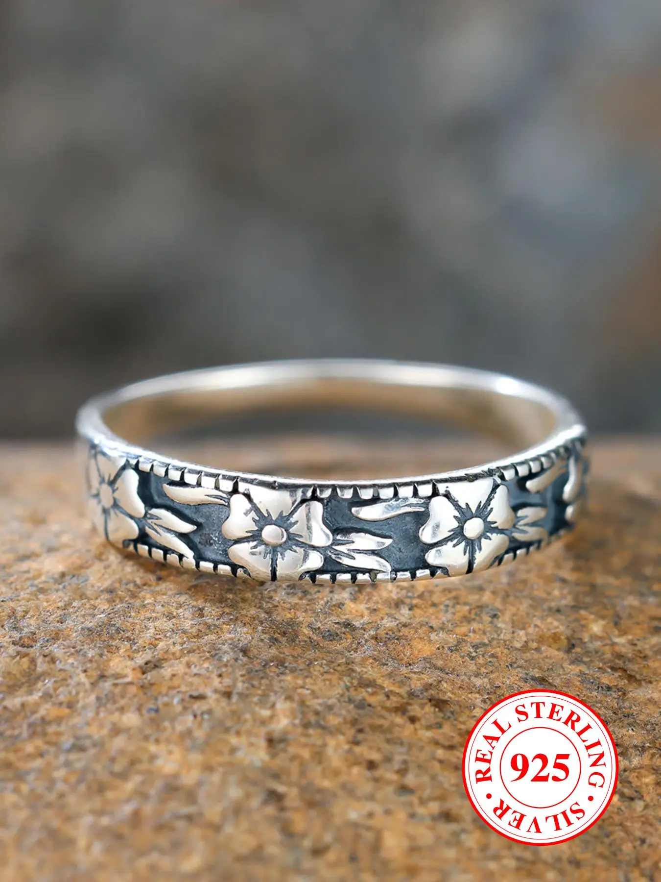S925 Sterling Silver Vintage Flower Embossed Ring, Unique Rings, Fashion Accessories for Women & Girls, Trendy All-match & Exquisite Jewelry for Birth