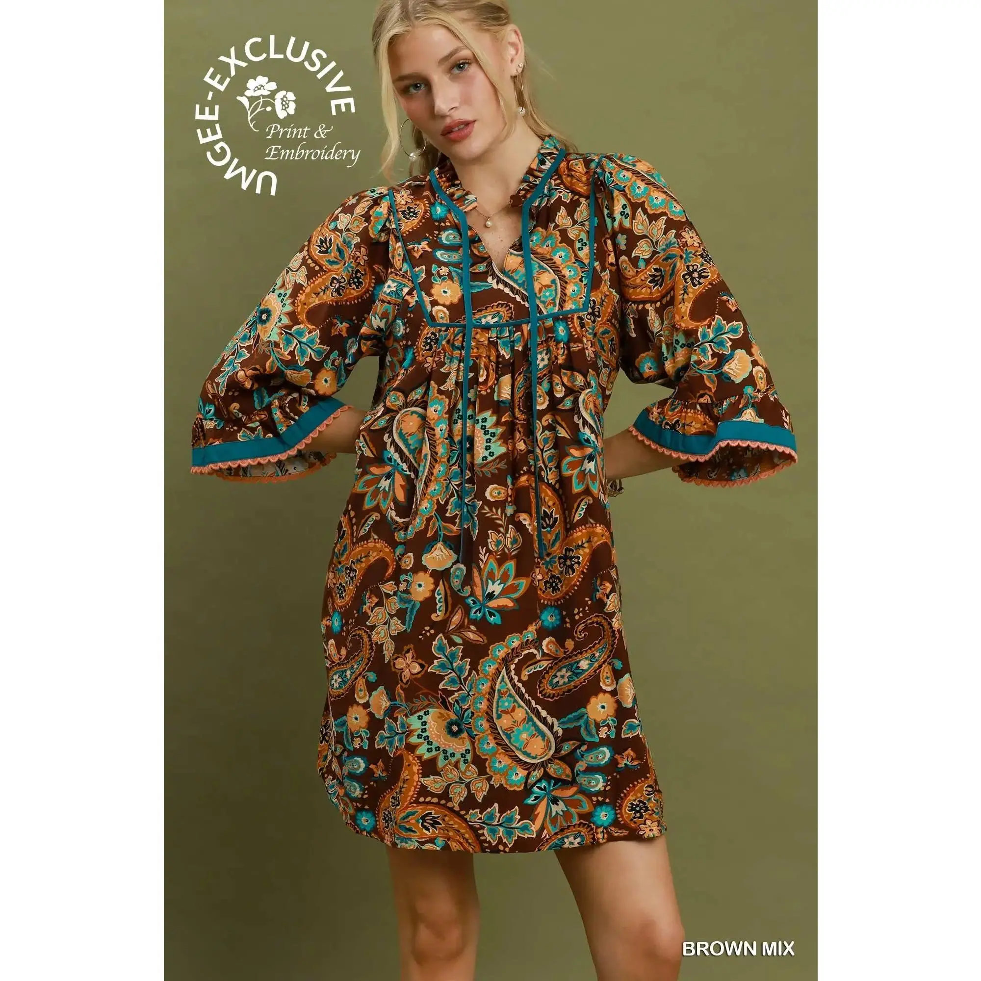Umgee Paisley Print Dress - Brown Mix