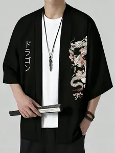 Men's Japanese Dragon Cherry Blossom Print Kimono Cardigan Tops, Traditional Ukiyo-E Samurai Street Style Streetwear Open Front Jacket