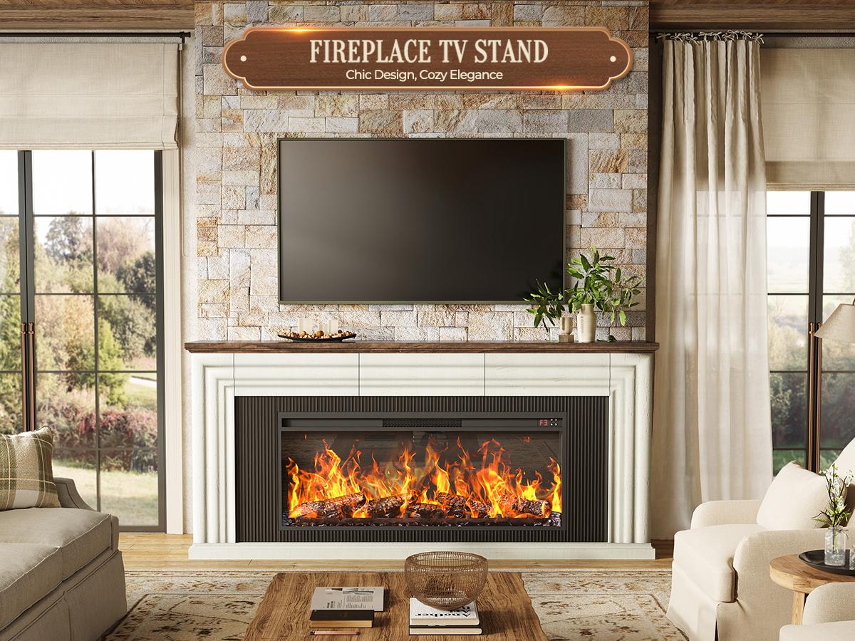 【2 Packages Shipping】PRAISUN 70'' Fireplace TV Stand with 42'' Electric Fireplace, Farmhouse TV Stand for 65 75 Inch TV, Entertainment Center TV Console with 3 Drawers, Fluted Design, for Living Room