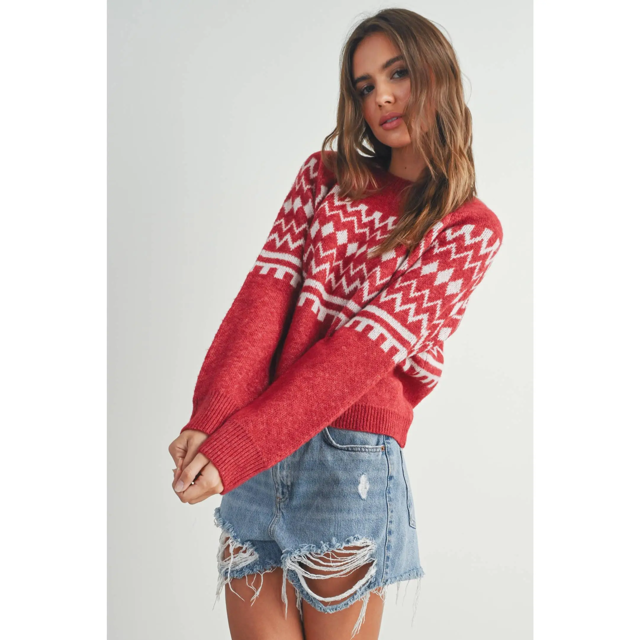 FALL AZTEC PRINTED RAGLAN LONG-SLEEVE FALL SWEATER