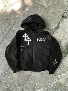 Gothic Cross Graphic Zip Hoodie Sweatshirts, Futuristic Street Style Streetwear, Oversized Fit, Urban Trendsetter, Fall & Winter Fashion