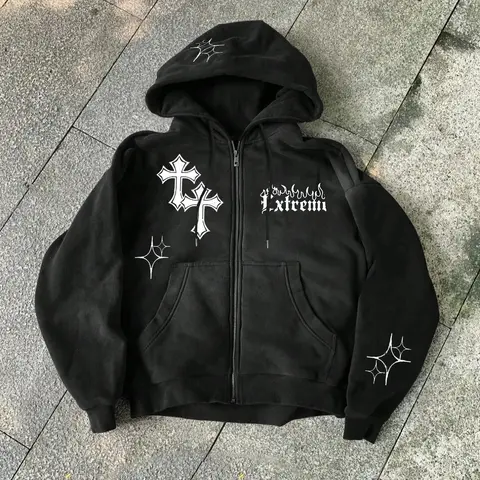 Gothic Cross Graphic Zip Hoodie Sweatshirts, Long Sleeve, Futuristic Street Style Casual Streetwear, Oversized Fit, Urban Trendsetter, Fall & Winter Fashion