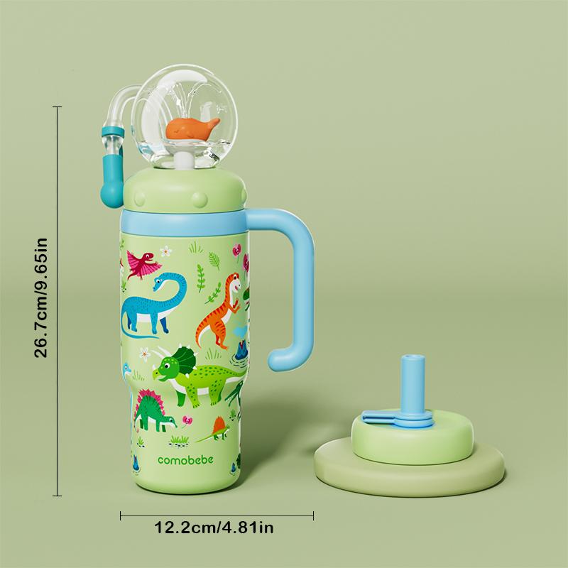 【COMOBEBE】24oz Stainless Steel Whale Fountain Tumbler with Handle – Two Lids, Spill-Proof, Dishwasher Safe, Cute & Perfect for Teens, and Adults Water Bottles Sturdy Drinkware Flasks