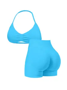 New Women's Seamless Knitted Sport Set, Activewear Workout, Halter Sports Bra, Three-Section High Waist Shorts, Open Back Design, Ideal for Yoga and Gym, Matching Workout Set