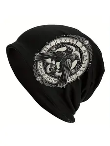 Viking Odin Ravens Beanie - Black Polyester Knit Hat with Norse Mythology Design, Soft Unisex Unisex Fashion Bonnet for Men and Women, Nordic Style Hat, Winter Skull Cap