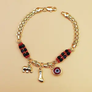 Boho Red & Black Beaded Elephant Charm Bracelet with Golden Plated Copper Devil's Eye Symbol & Elephant Pendant for Parties Music Festivals Bohemian Gift Year Round Wear - Beanie