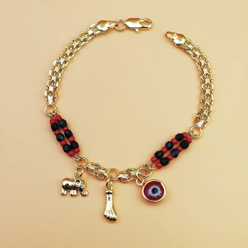 Unisex Boho Red & Black Beaded Charm Sports Wristband with Golden-Plated Copper Devil's Eye Symbol, Elephant Pendant, Beanie - Bohemian Party, Music Festival Accessory Gift
