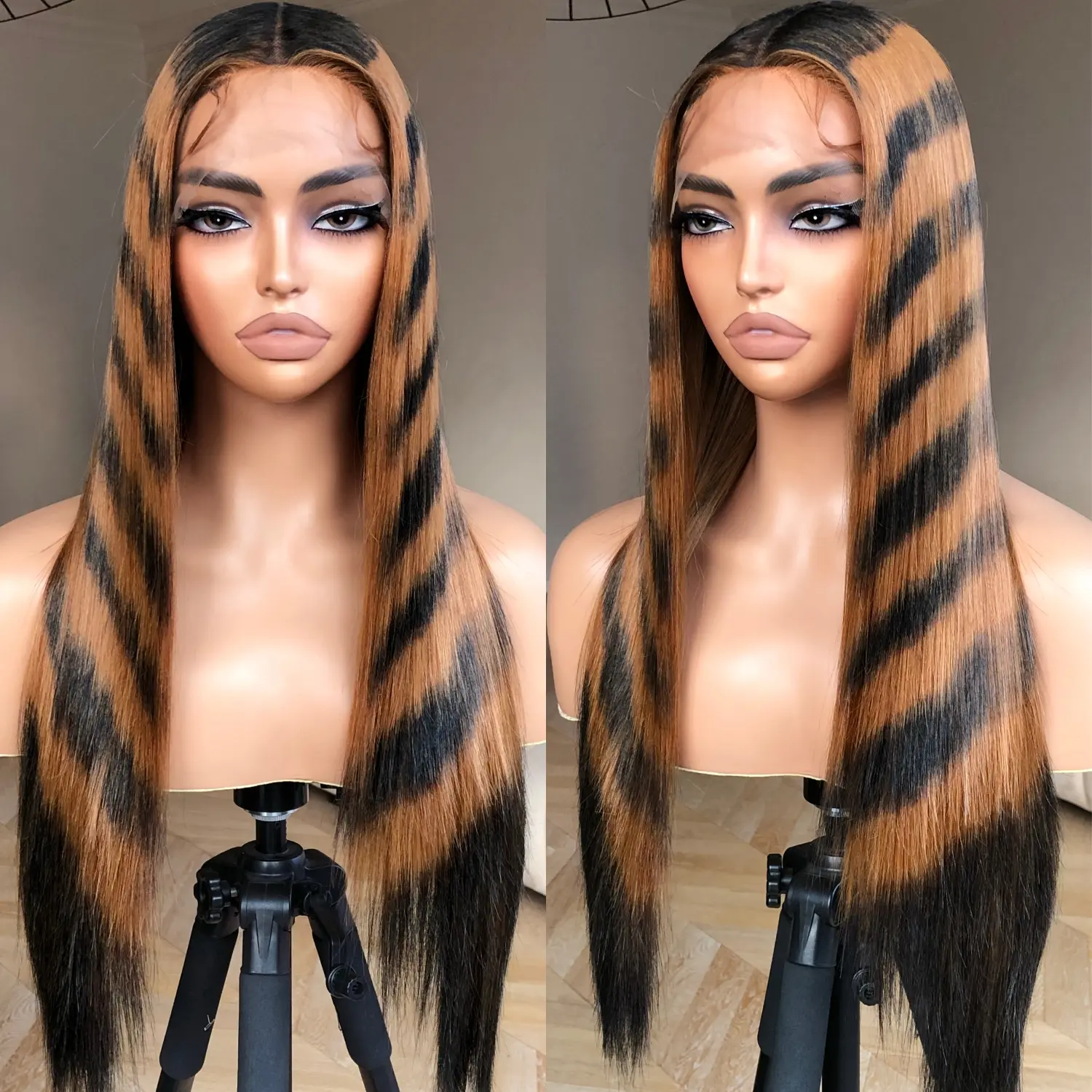 BrownBomb Raccoon Tail 26 Inch Dyed Straight Synthetic Wig – Stripe Blend, Y2K Retro Street Style, Upgraded Breathable Cap, Pre-Plucked with Baby Hair, Glueless & Ready to Wear