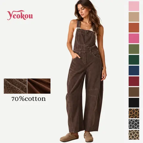 Yeokou Fall Corduroy Overalls for Women Barrel Wide Leg Bib Corduroy Pants Adjustable Romper Jumpsuit with Pockets
