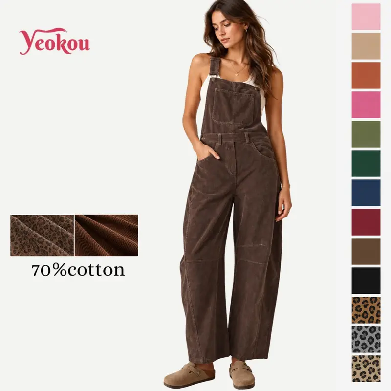 Yeokou Fall Corduroy Overalls for Women Barrel Wide Leg Bib Corduroy Pants Adjustable Romper Jumpsuit with Pockets