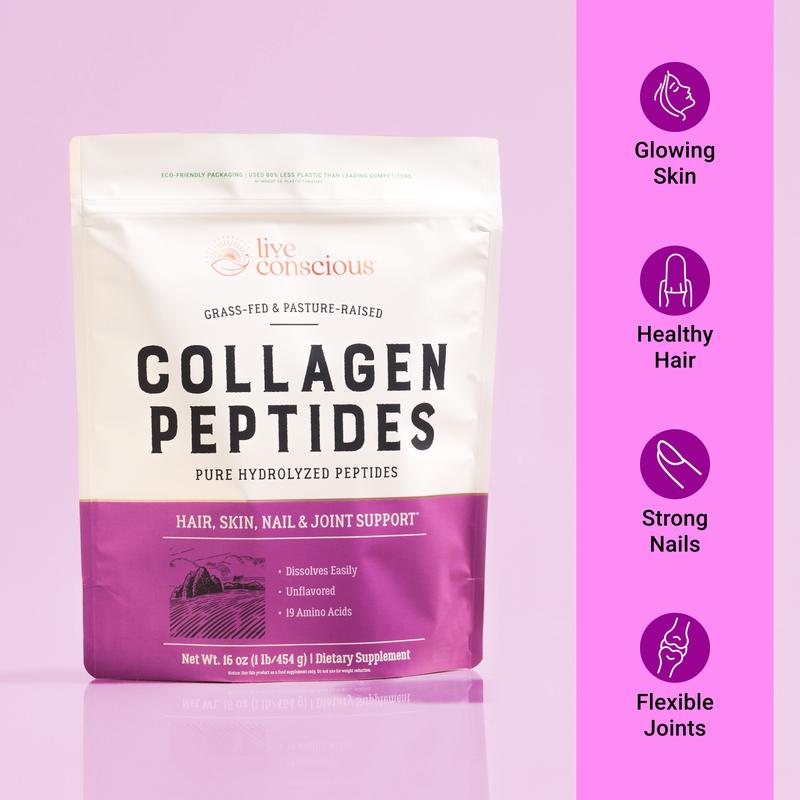 Live Conscious Collagen Peptides Powder - Naturally-Sourced Type I & III Hydrolyzed Bovine Collagen - For Hair, Skin, Nail & Joint Support Supplement