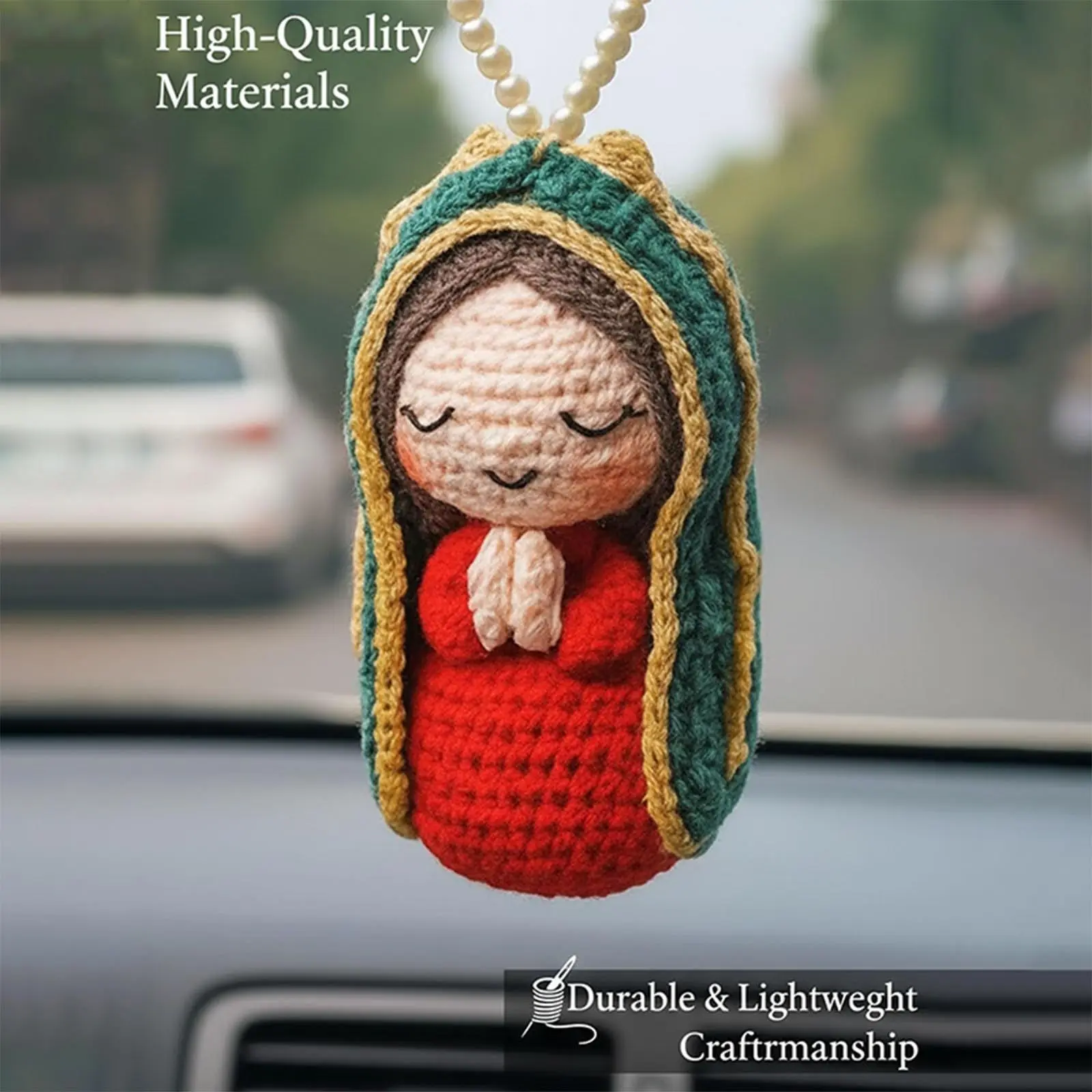 Handmade Knitted Car Mirror Hanging Ornament, Crochet Maria Decoration, Unique Vehicle Accessory, DIY Craft Gift Idea, Car Interior Accessories, Car Ornaments