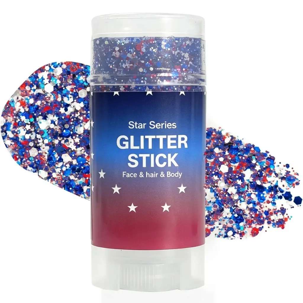 4th of July Glitter Stick - Water Proof Gentle Glitter Makeup Cosmetic, Red White Blue Face Body Hair Sparkle for Independence Day Party, Leisure Outdoor Events