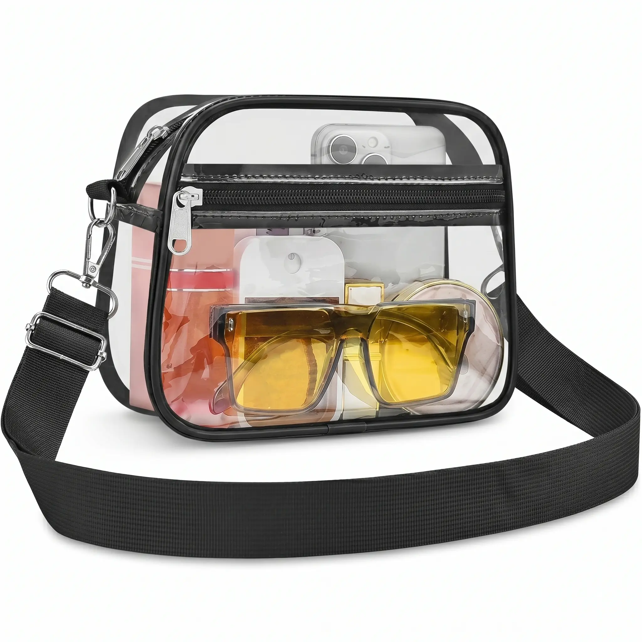 Stadium Approved Clear Crossbody Bag - Heavy Duty Waterproof PVC Multi-Pocket Roomy Clear Bag for Game Day Concerts Sports Events Travel & Daily Use