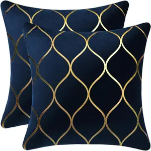 Gold Velvet Throw Pillow Covers Navy: 2 Pack 20x20 Inch Square Decorative Pillow for Bedroom Sofa Couch Living Room