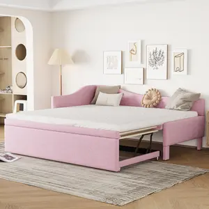 Modern Twin Size Linen Upholstered Daybed Frame with Wood Slats, Extendable Raised Trundle, Twin-to-King Design, Easy Assembly, Pink