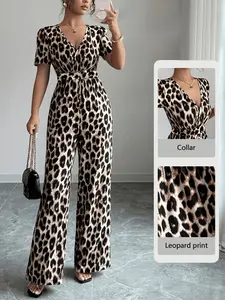 This Leopard Print Jumpsuit is Effortless Glam Style Chic High Waist V Neck Wide Leg Palazzo Jumpsuit