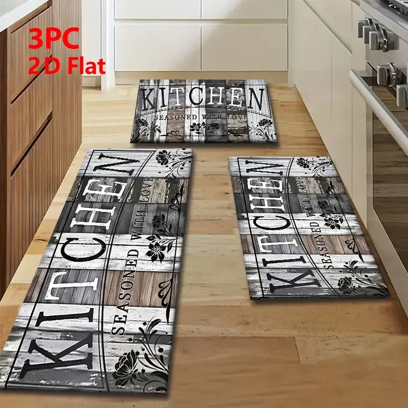 1/2/3pcs Flannel Kitchen Mat Set, Vintage Industrial Style, Non-Slip, Absorbent Home Decorative Rugs, Ideal for Kitchen, Bathroom, Laundry Room, Hallway