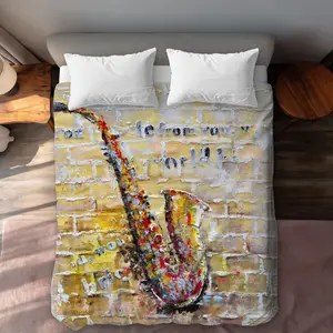 Begin Home Decor C1DCQSW0O3J97S Saxophone on Brick Wall Queen Size Duvet Cover - Instrument Home Decor