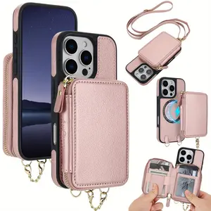 2 In 1 PU Faux Leather Detachable Case Suitable For iPhone 16E 16 15 14 Plus 13 12 Pro Max, Crossbody Wireless Charging Card Slot RFID Blocking Zipper Wallet Mobile Phone Bag Cover