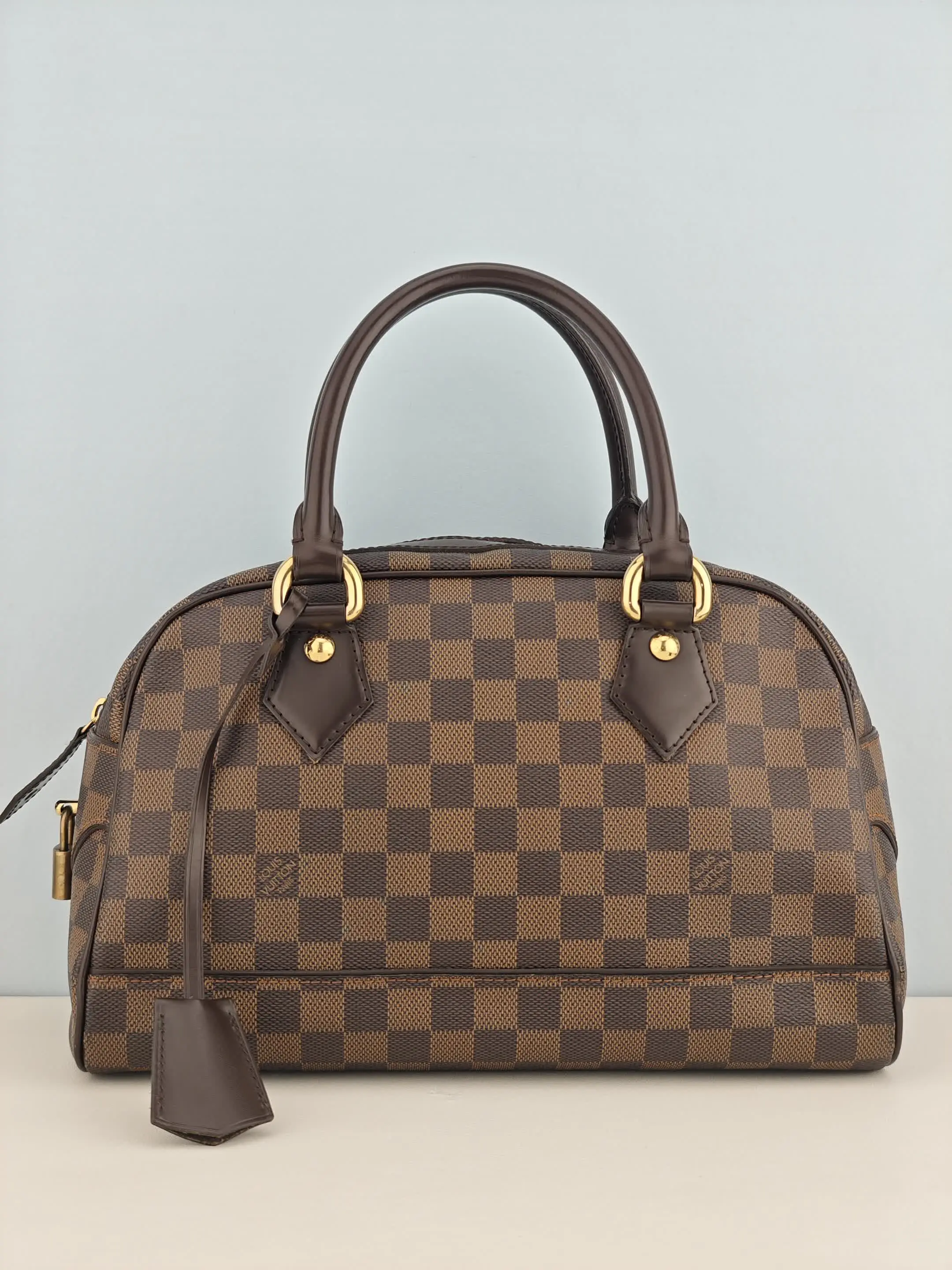 Pre-owned Damier Ebene coated canvas with chocolate leather trim Clutches & Wristlets Louis Vuitton Damier Ebene Duomo Bag【CA8007】