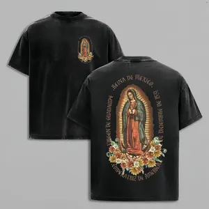 Washed Pure Cotton T-Shirt, Men'S Casual Fashion, With Dark 'VIRGEN DE GUADALUPE' And Religious Figure Prints, Outdoor Sports T-Shirt | Loose Fit | Soft Knitted T-Shirt