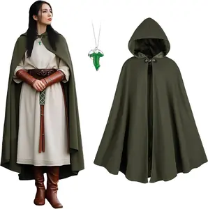 Renaissance Cloak Women, medieval costume Long Cloak with hood and Green Leaf Brooch Necklace for Halloween Party.Gift.