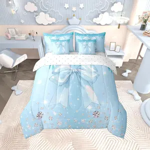 Cute Bowknot Comforter Set with Sheets Glitter Diamond Print Bed in a Bag Bling Party Decorations 7 Pieces Bedding Set Princess Ribbon Decor Dark Blue Bed Set