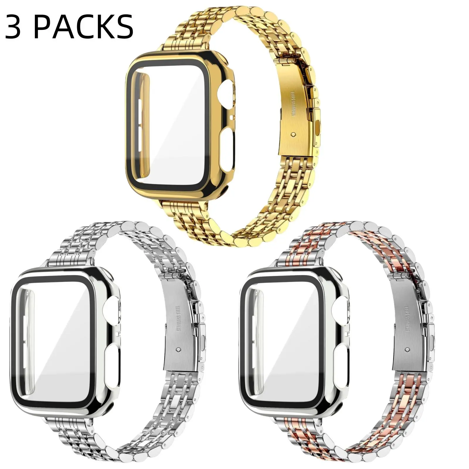 Fashion Watch Band with Watch Face Cover, Smartwatch Strap, Smart Watch Straps, 3 Counts/set Stainless Steel Replacement Watch Band for Apple Watch Series 9 8 7 6 5 4 3 2 1 SE, Smart Watch Accessories, Wearable Tech Accessories
