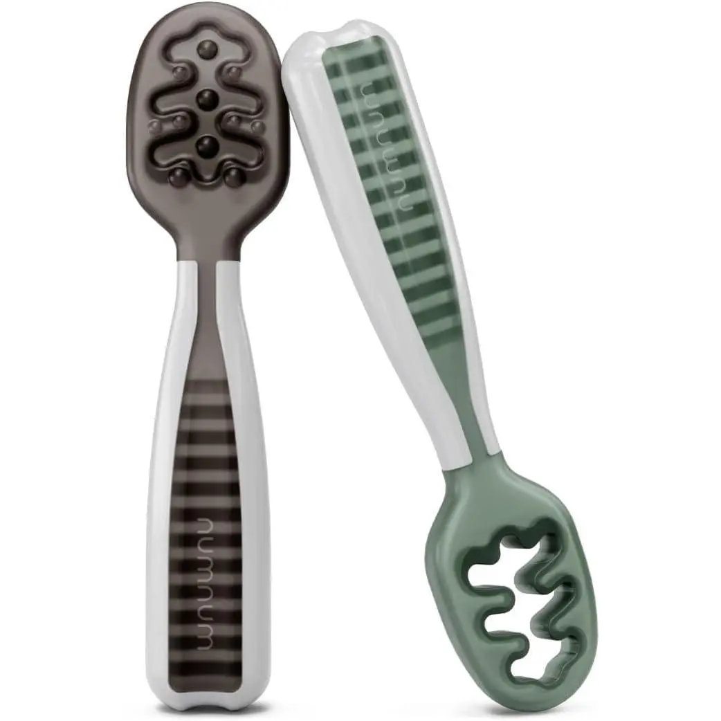 NumNum Baby Spoons Set, Baby Essentials Pre-Spoon GOOtensils for 6+ Months, First Stage Self-Feeding Spoons for Baby Led Weaning (BLW), Silicone Toddler Utensils, BPA-Free, 2 Pack Gray/Green