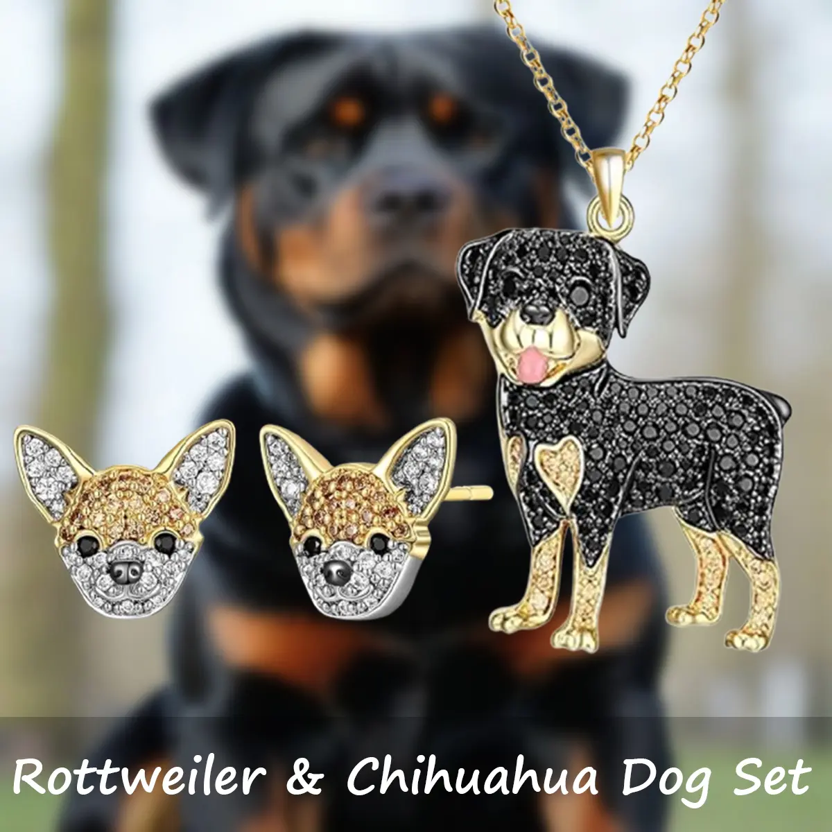 Cute Animals 3-Piece Shiny Golden Alloy Jewelry Set - Rottweiler Pendant Necklace, Chihuahua Stud Earrings, Daily Fashion Accessory for Her, Birthday Gift for Mom, Everyday, Unisex