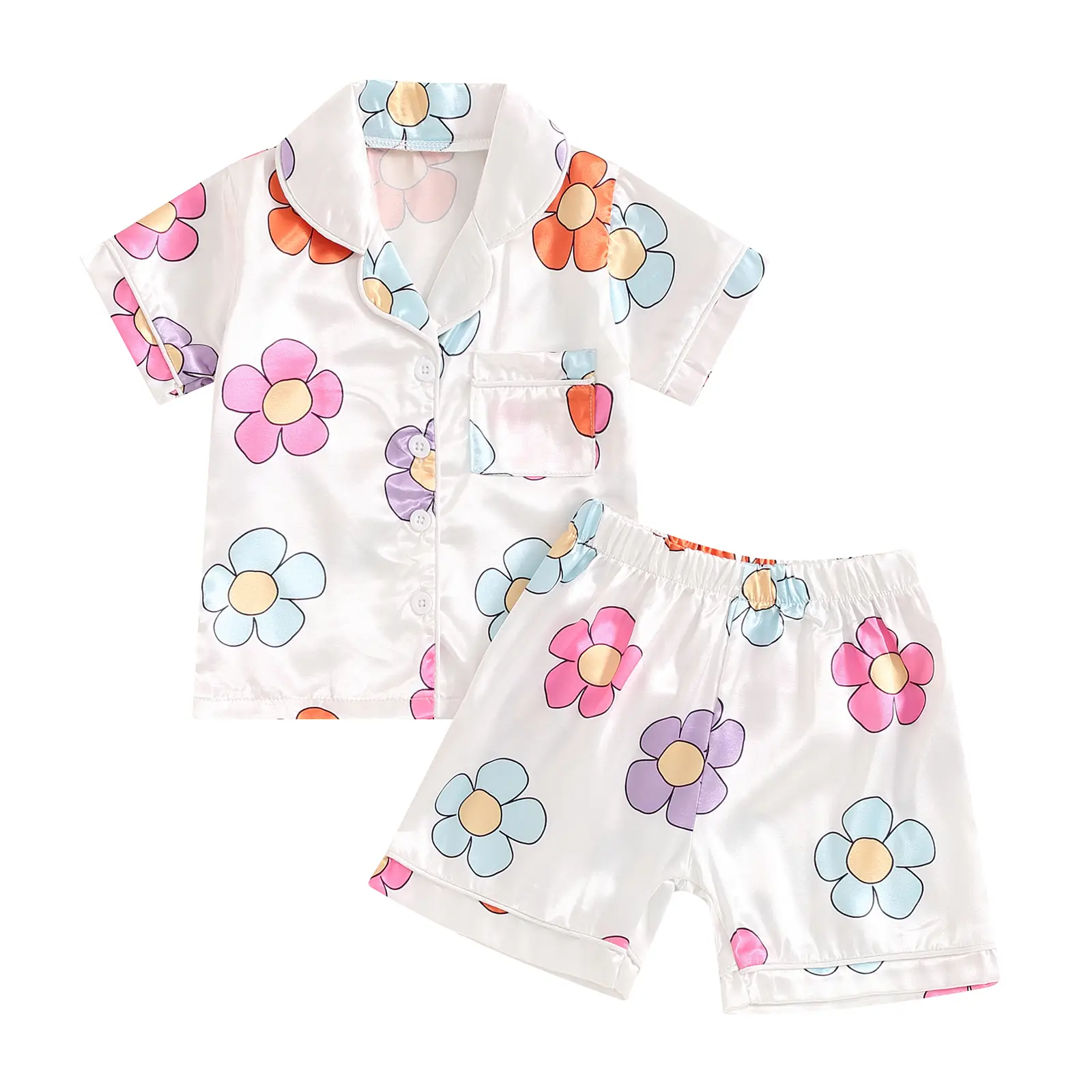 Little Girls Floral Print Pajama Set Short Sleeve Lapel Neck Single Breasted Tops Elastic Waistband Shorts Outfits Summer