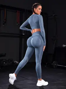 Two-piece Set Sporty Women's Plain Round Neck Crop Top & Ruched High Waist Leggings Tracksuit Set, Sport Comfy Breathable Two-piece Outfits for Yoga Gym Running, Ladies Sportswear for All Seasons, Activewear, Athletic Wear