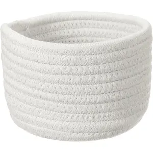 White Small Cotton Rope Woven Basket, Shelf Closet Gift Woven Baskets Cute Nursery Box Bin Organization Bin for Home Supply, Round, 5.6x3.6