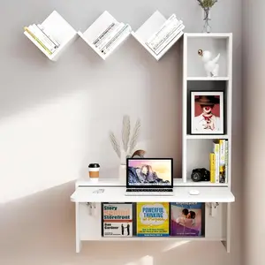 Folding Wall Mounted Drop Leaf Table, Foldable Desk with Moveable Cabinets, Floating Laptop with Convertible Storage Shelves, Multifunctional Computer Workstation in Home for Space Saving