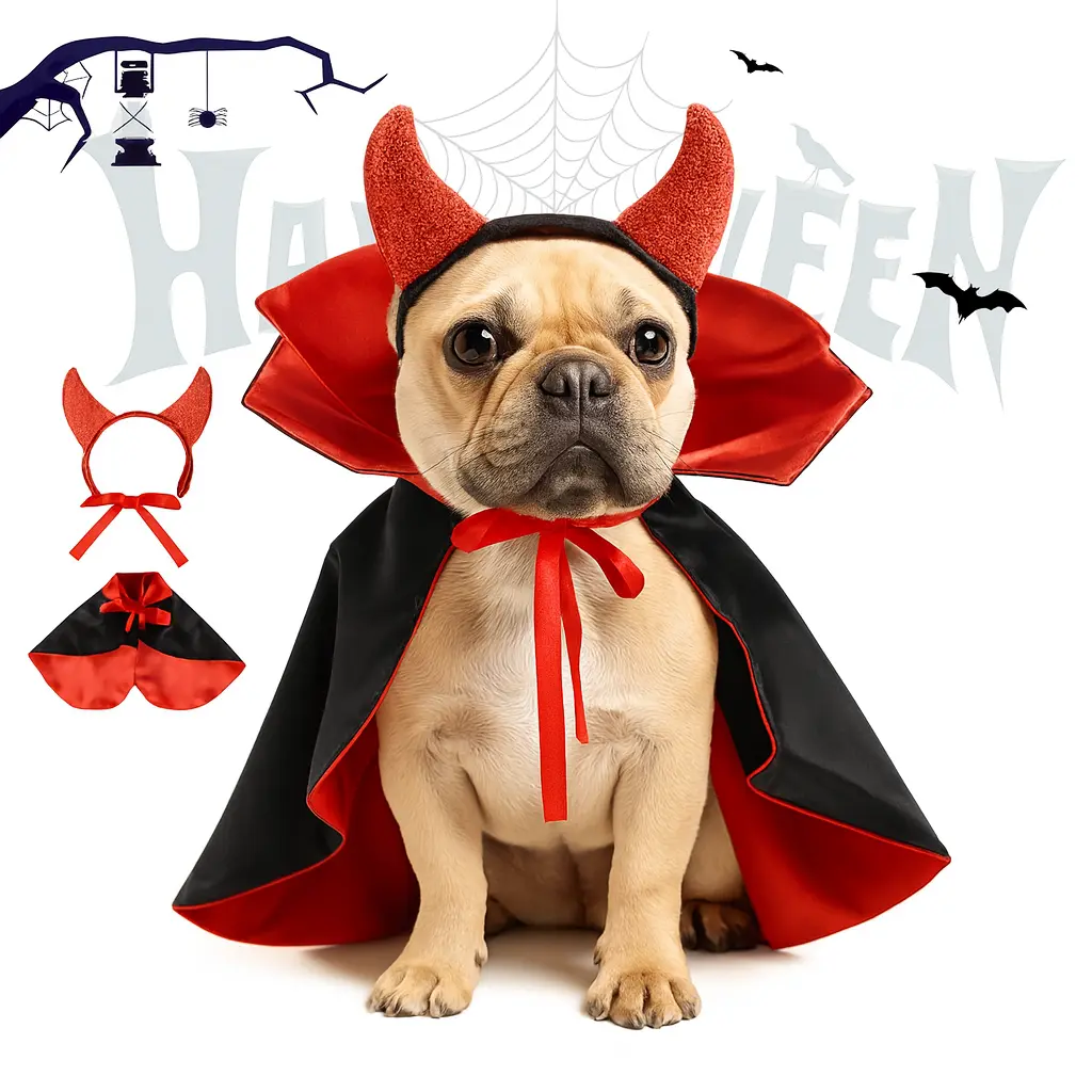 EBOSR Fang-tastic Vampire Pet Cape & Headpiece Classic Halloween Costume for Cats & Dogs Red Black Design