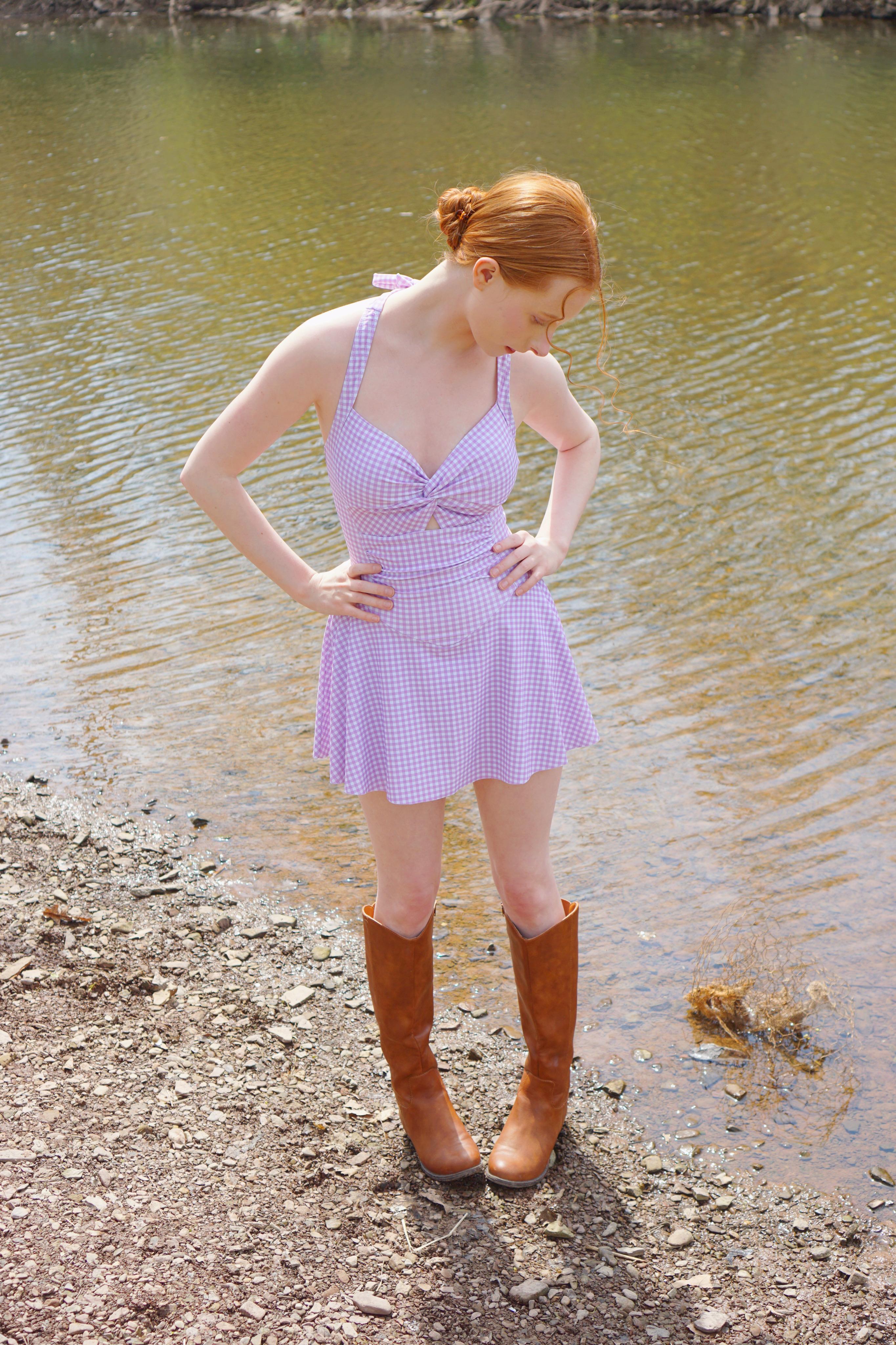 Purple 1930s Plaid Halter One-Piece Retro Halter One Piece Swim Dress for Women Gingham Print Push Up Swimsuit with Tie Back and Skirted Bottom Trendy Summer Outfit for Vacation Look and Try On Haul Retro Stage Flowy Swimdress