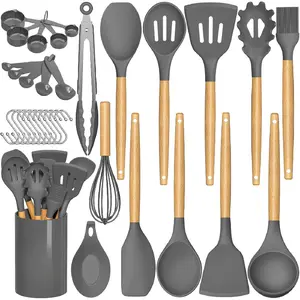 Kitchen Cooking Utensils Set, 33 pcs Non-stick Silicone Spatula Set with Holder, Woodle Handle Heat Resistant Gadgets Utensil (Gray)